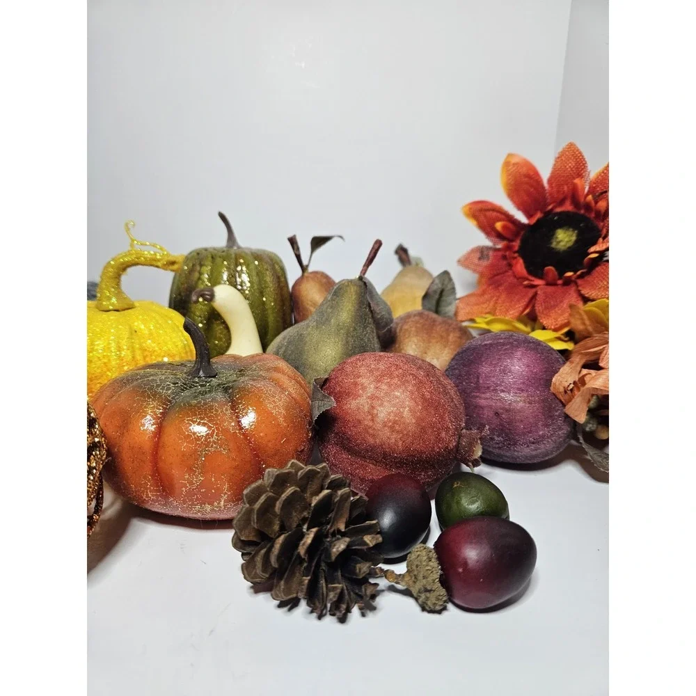 Huge Fall Decor Lot Faux Pumpkins Sunflower Fruit Grateful Sign Gourd Pinecone